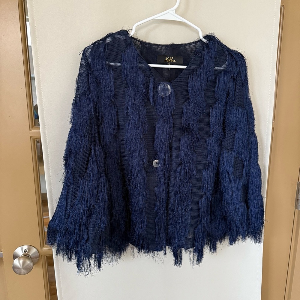 Kellee Womens Small Navy Blue Fringe Flare 3/4 Sleeve‎ Button Up Cardigan